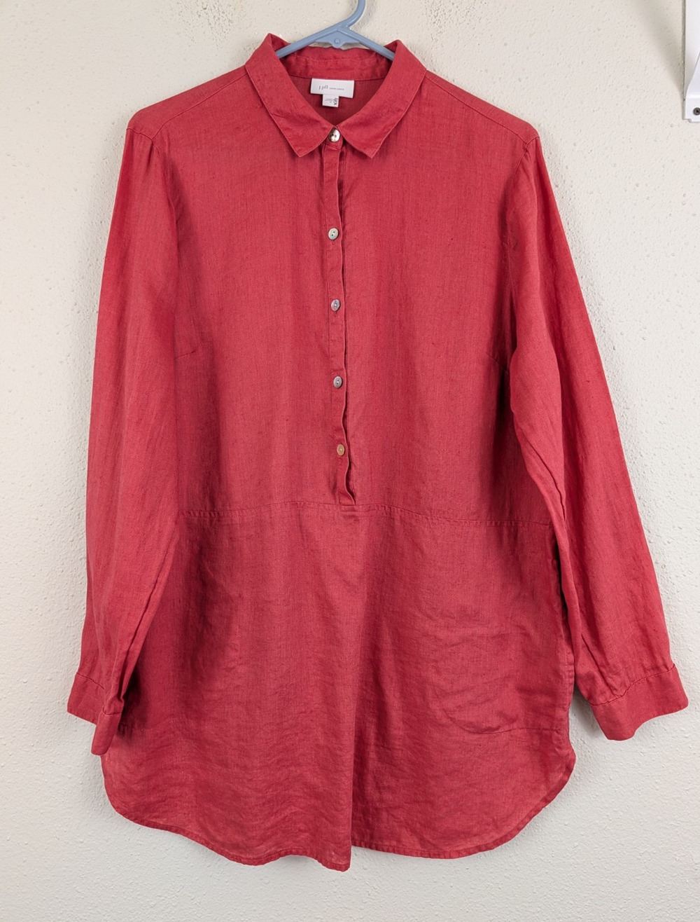 J.Jill Love Linen sz M 100% linen Tunic Shirt redish pink ls side pockets 0462